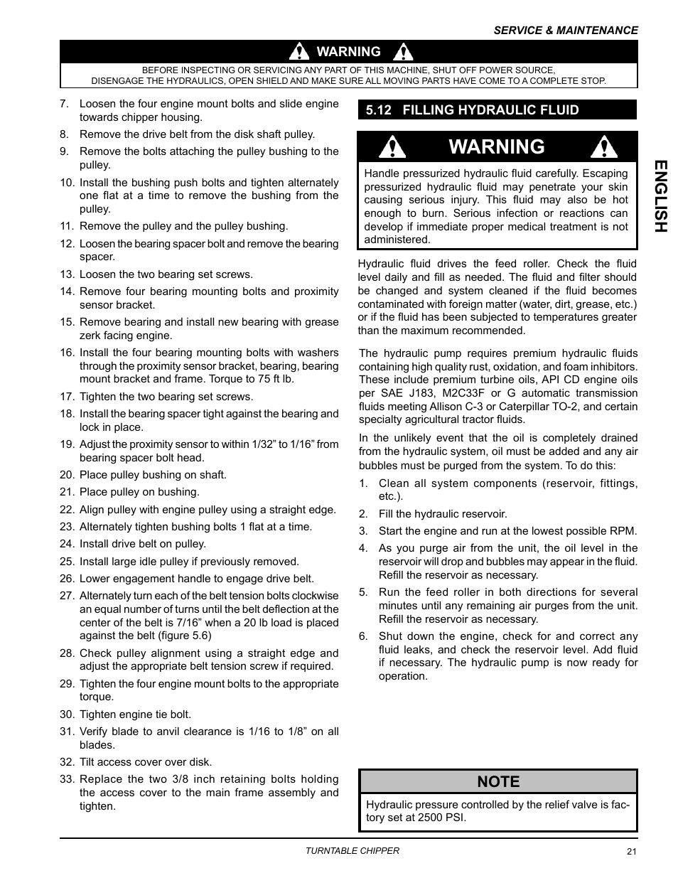 12 filling hydraulic fluid, Warning, Englis h | Echo CH8670H Owners Manual v.3 User Manual | Page 25 / 34