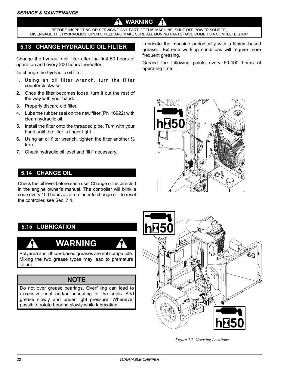 13 change hydraulic oil filter, 14 change oil, 15 lubrication | Warning | Echo CH8670H Owners Manual v.3 User Manual | Page 26 / 34