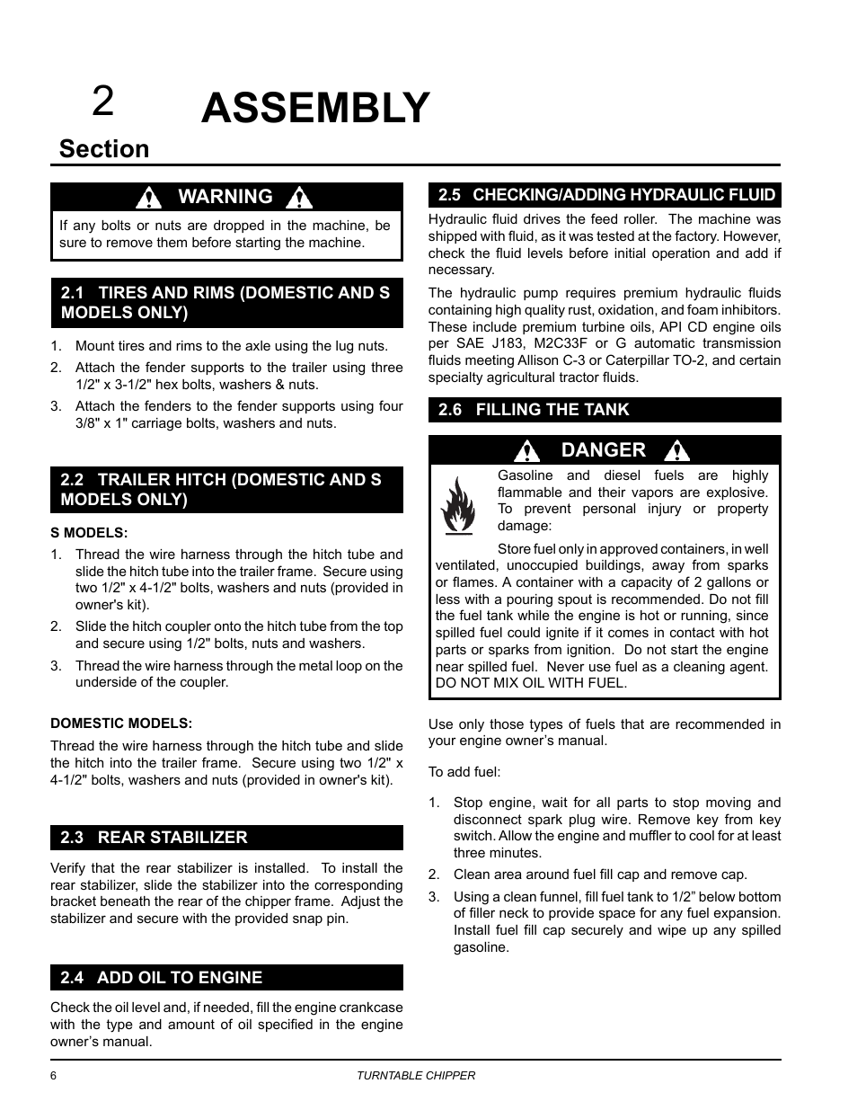 Assembly, 1 tires and rims (domestic and s models only), 2 trailer hitch (domestic and s models only) | 3 rear stabilizer, 4 add oil to engine, 5 checking/adding hydraulic fluid, 6 filling the tank, Warning, Danger | Echo CH8670H Owners Manual v.2 User Manual | Page 10 / 33