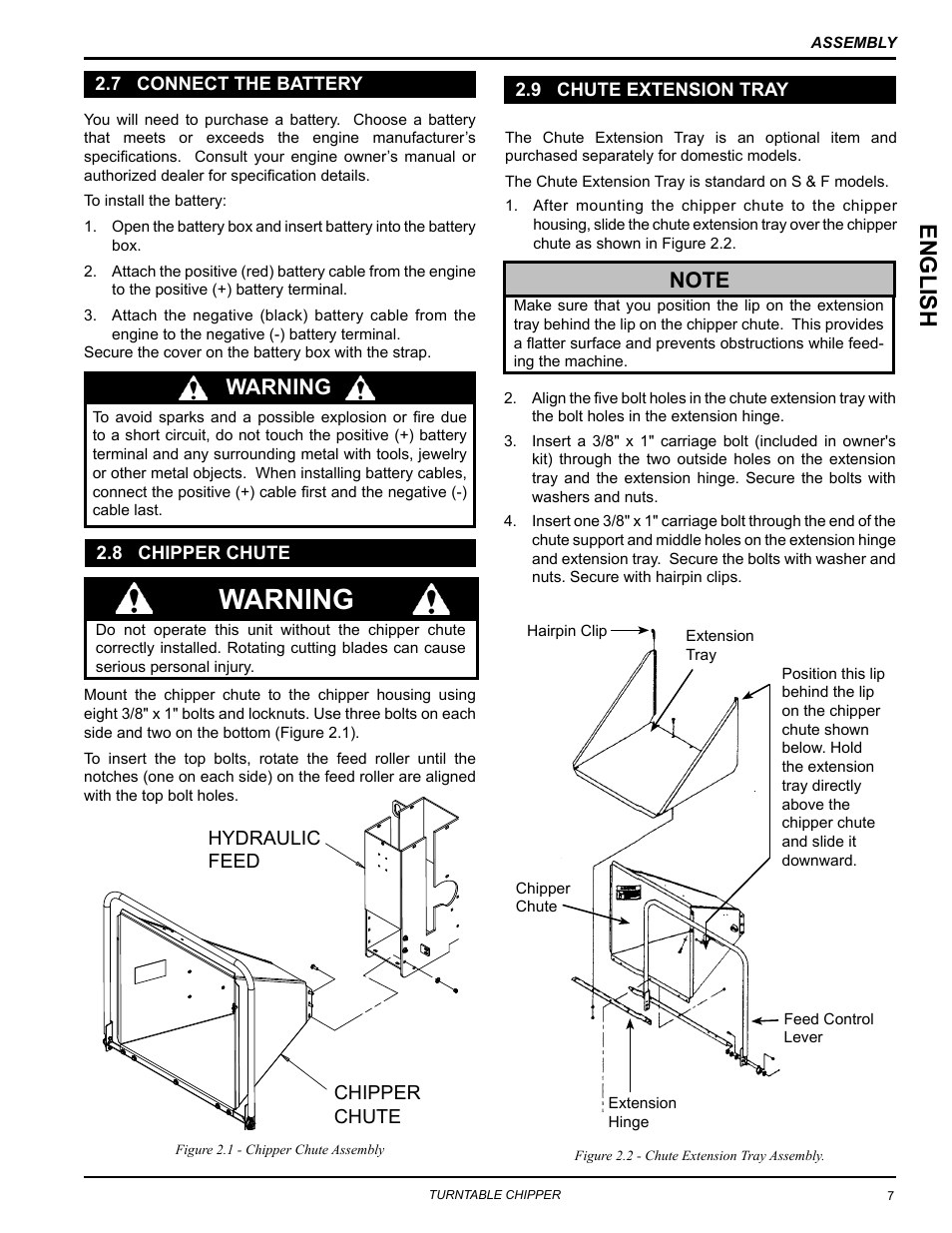 7 connect the battery, 8 chipper chute, 9 chute extension tray | Warning, Englis h | Echo CH8670H Owners Manual v.2 User Manual | Page 11 / 33