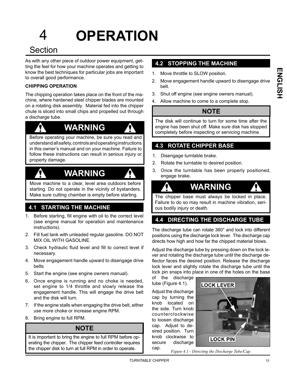 Operation, 1 starting the machine, 2 stopping the machine | 3 rotate chipper base, 4 directing the discharge tube, Warning, Englis h | Echo CH8670H Owners Manual v.2 User Manual | Page 15 / 33