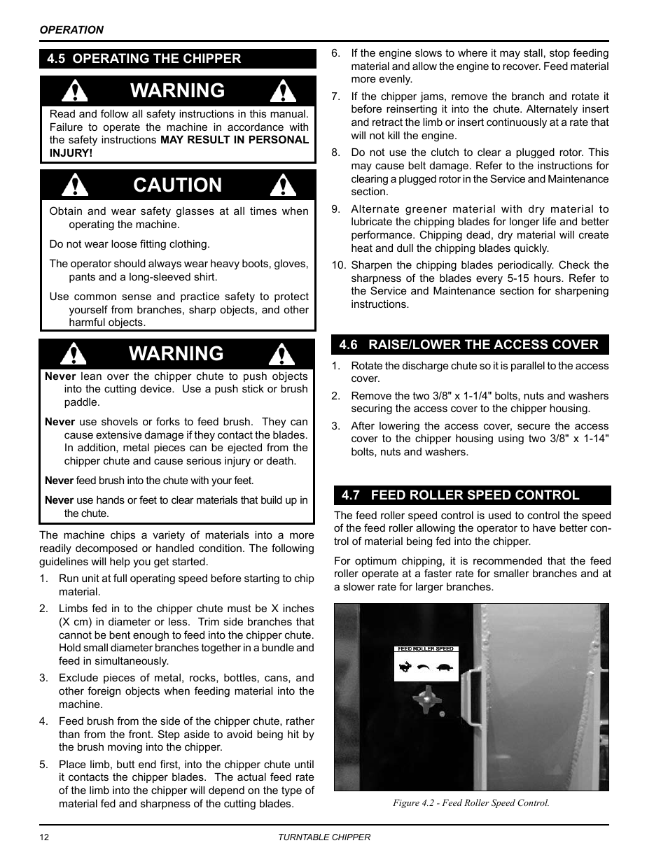 5 operating the chipper, 6 raise/lower the access cover, 7 feed roller speed control | Warning, Caution | Echo CH8670H Owners Manual v.2 User Manual | Page 16 / 33