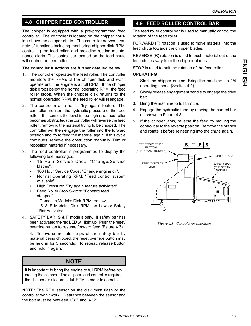 8 chipper feed controller, 9 feed roller control bar, Englis h | Echo CH8670H Owners Manual v.2 User Manual | Page 17 / 33