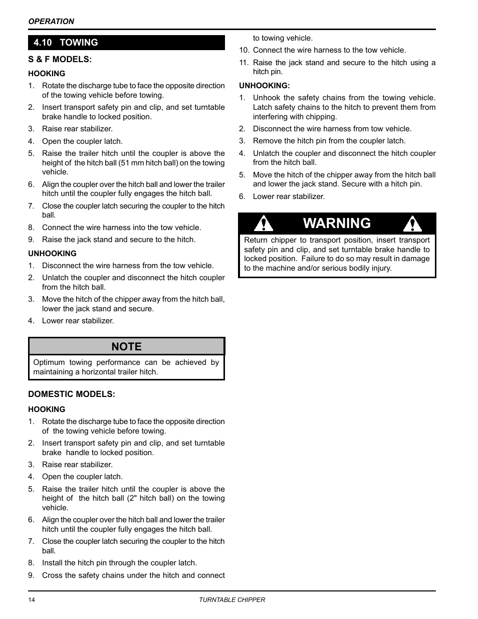 10 towing, Warning | Echo CH8670H Owners Manual v.2 User Manual | Page 18 / 33