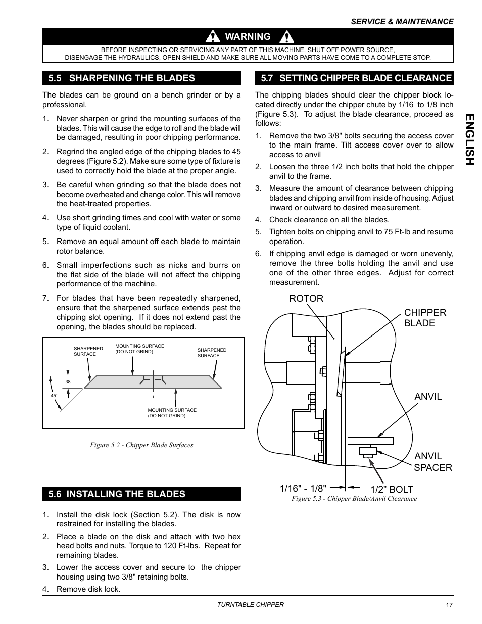 5 sharpening the blades, 6 installing the blades, 7 setting chipper blade clearance | Englis h | Echo CH8670H Owners Manual v.2 User Manual | Page 21 / 33