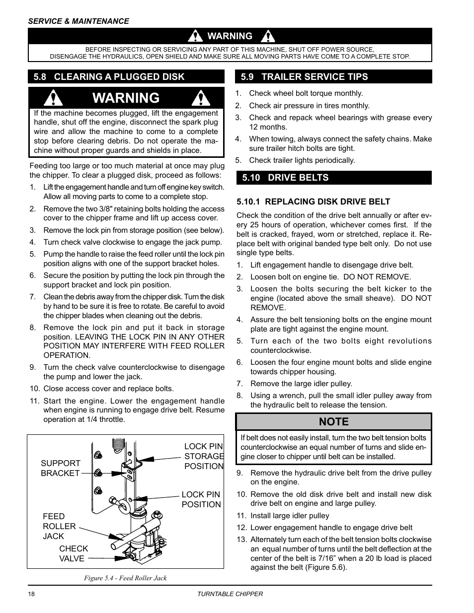 8 clearing a plugged disk, 9 trailer service tips, 10 drive belts | Warning | Echo CH8670H Owners Manual v.2 User Manual | Page 22 / 33