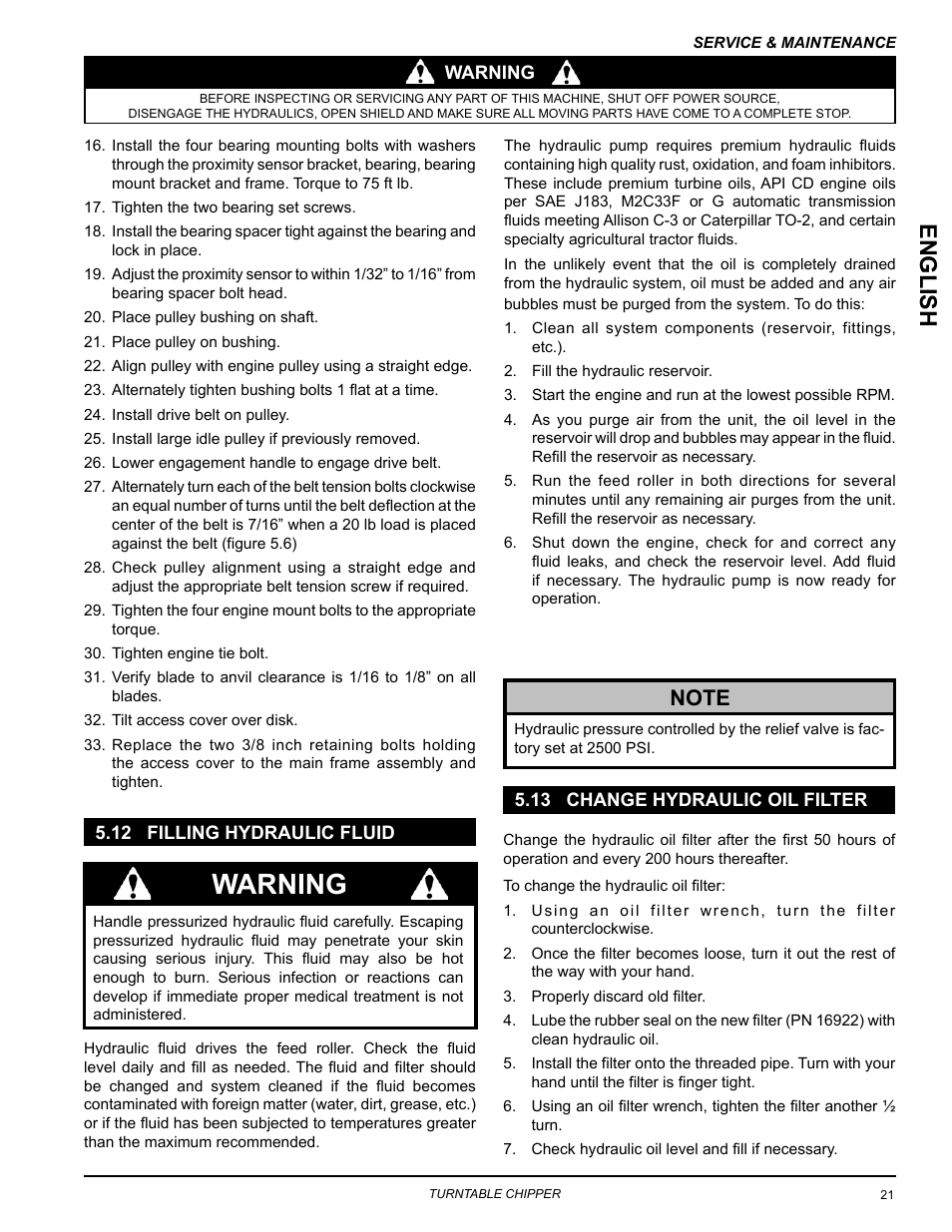12 filling hydraulic fluid, 13 change hydraulic oil filter, Warning | Englis h | Echo CH8670H Owners Manual v.2 User Manual | Page 25 / 33