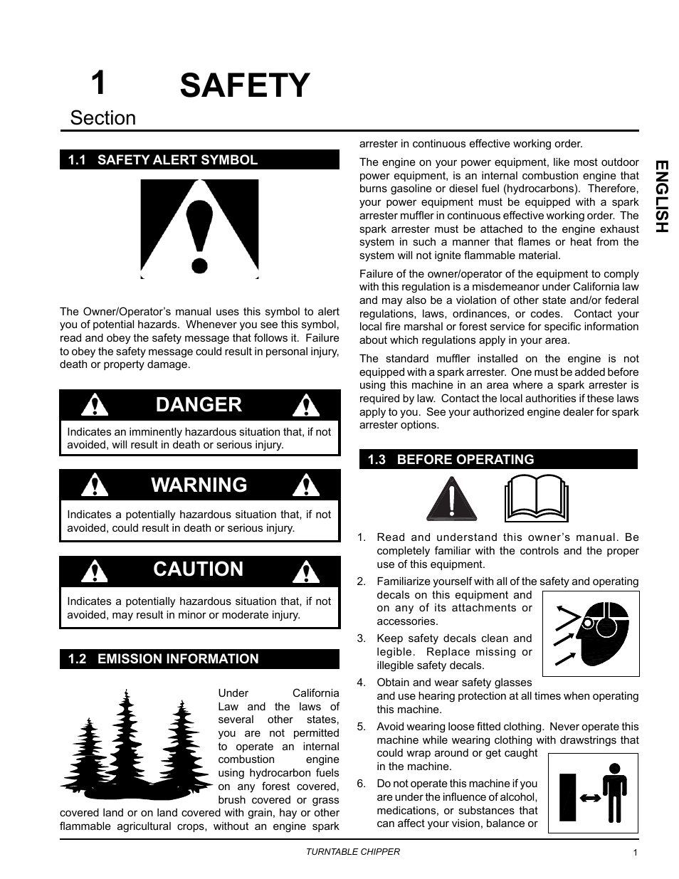 Safety, 1 safety alert symbol, 2 emission information | 3 before operating, Warning, Danger caution, Englis h | Echo CH8670H Owners Manual v.2 User Manual | Page 5 / 33