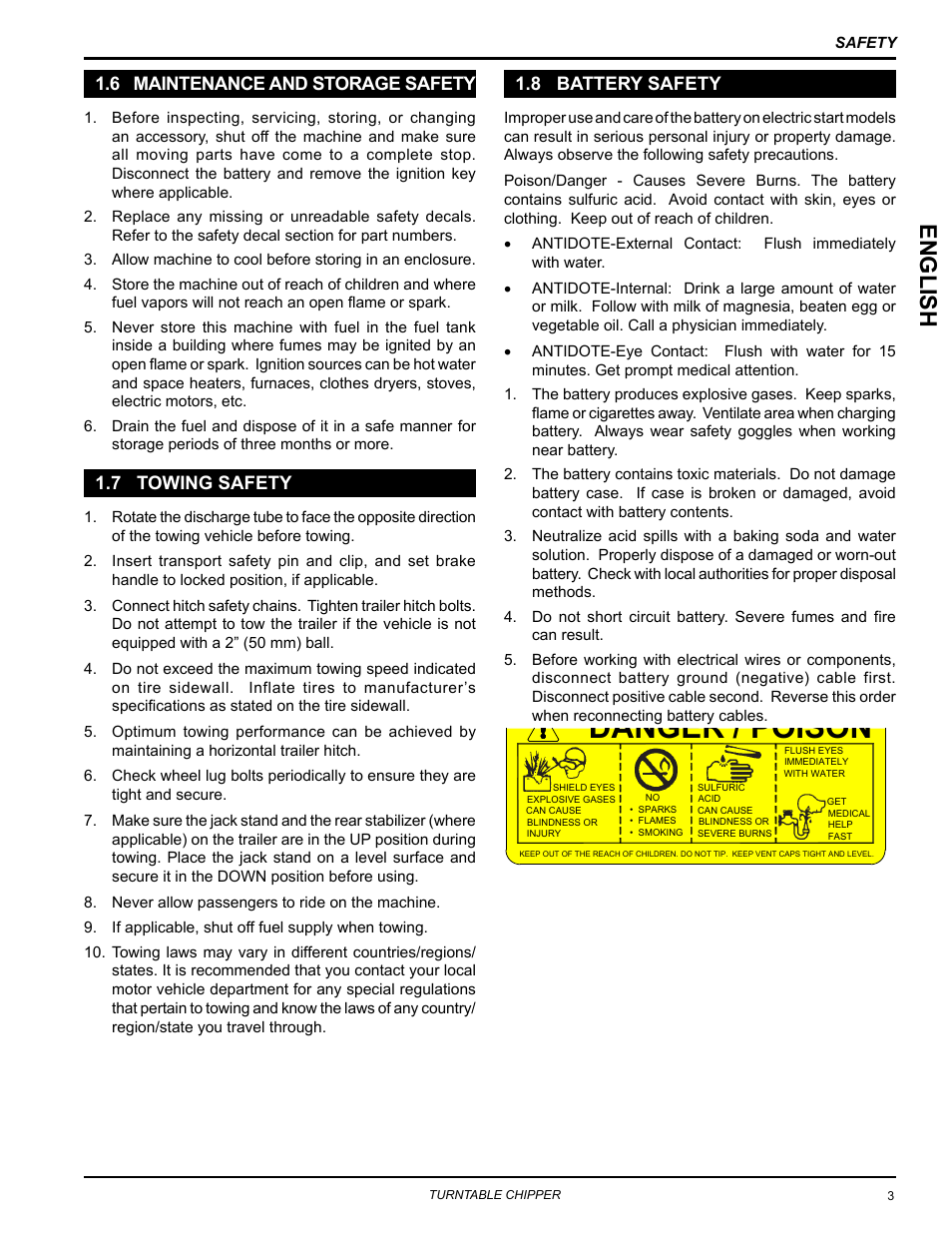 6 maintenance and storage safety, 7 towing safety, 8 battery safety | Danger / poison, Englis h | Echo CH8670H Owners Manual v.2 User Manual | Page 7 / 33