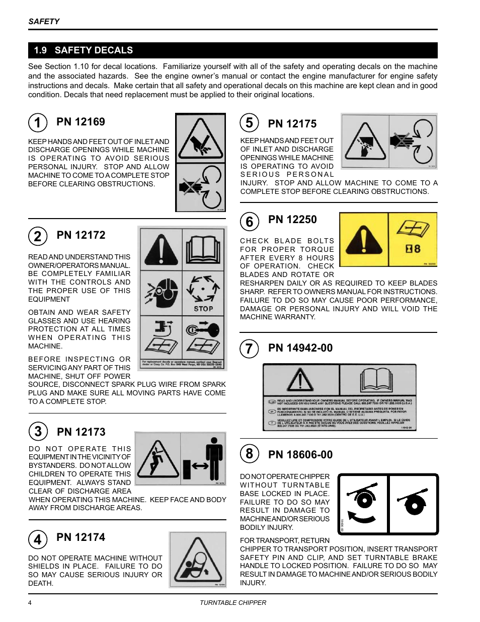 9 safety decals | Echo CH8670H Owners Manual v.2 User Manual | Page 8 / 33