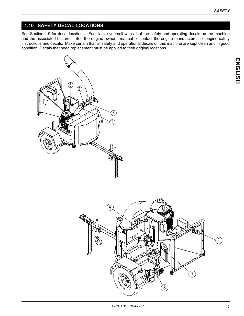 10 safety decal locations, Englis h | Echo CH8670H Owners Manual v.2 User Manual | Page 9 / 33