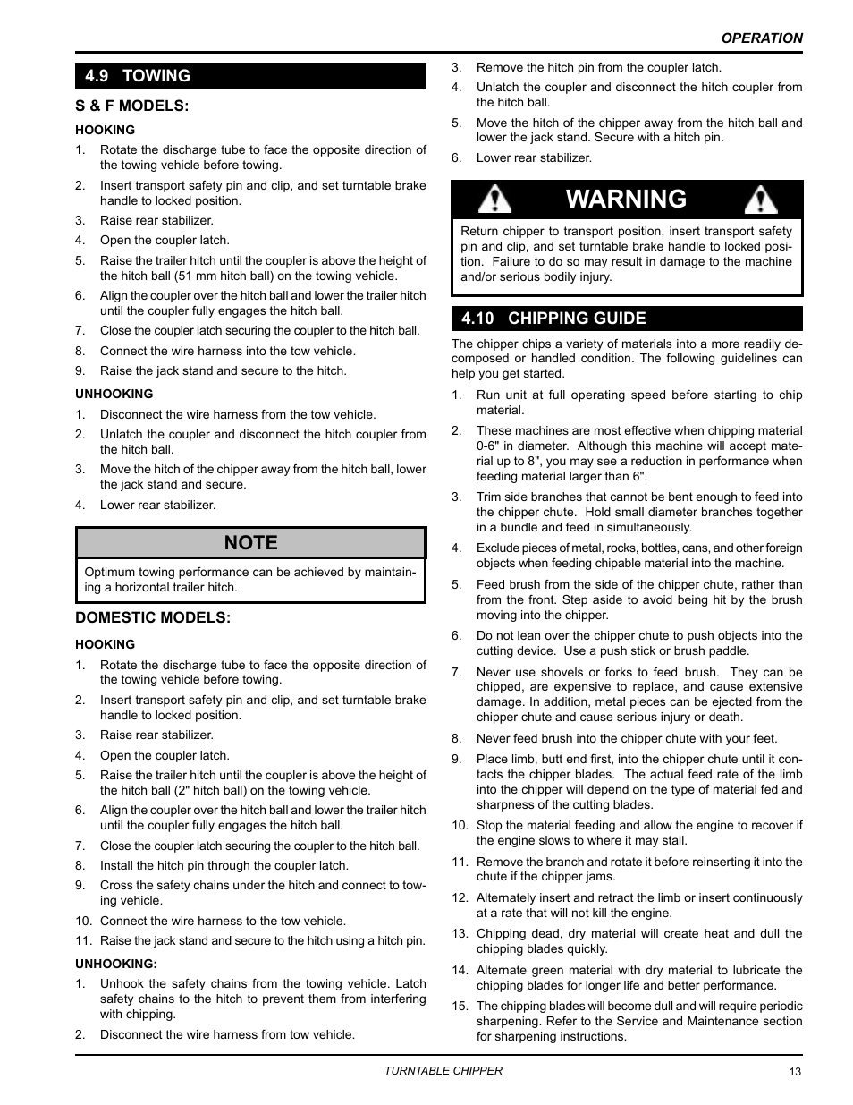 Warning, 9 towing, 10 chipping guide | Echo 76824 Owners Manual v.3 User Manual | Page 17 / 32
