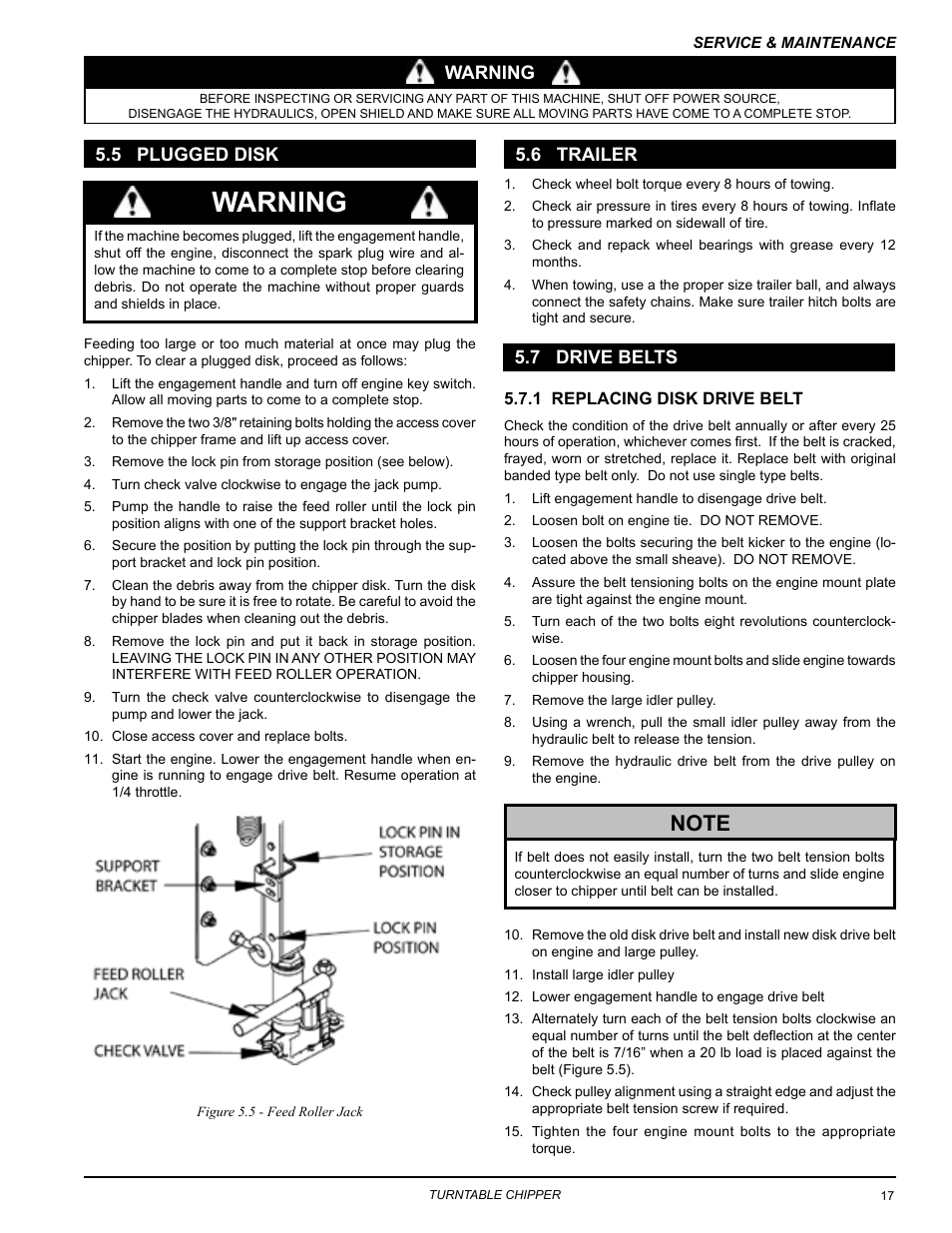 Warning, 6 trailer 5.5 plugged disk, 7 drive belts | Echo 76824 Owners Manual v.3 User Manual | Page 21 / 32