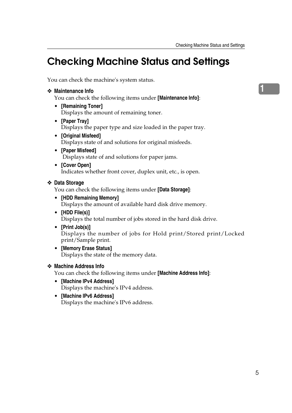 Checking machine status and settings, 1checking machine status and settings | Ricoh Aficio MP W2400 User Manual | Page 11 / 92