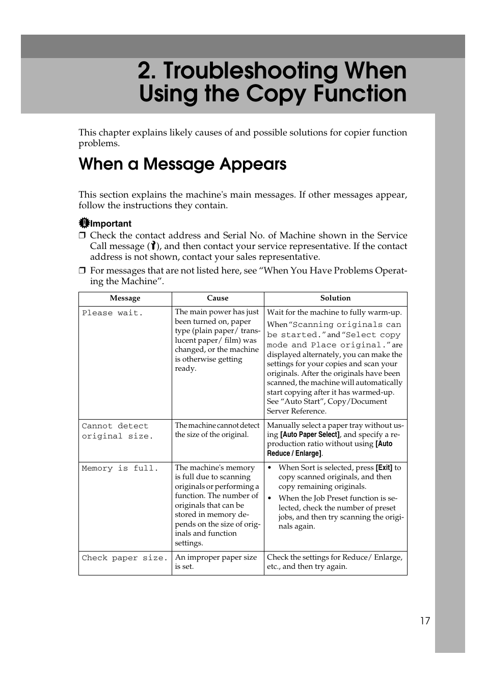  troubleshooting when using the copy function, When a message appears, Troubleshooting when using the copy function | Ricoh Aficio MP W2400 User Manual | Page 23 / 92