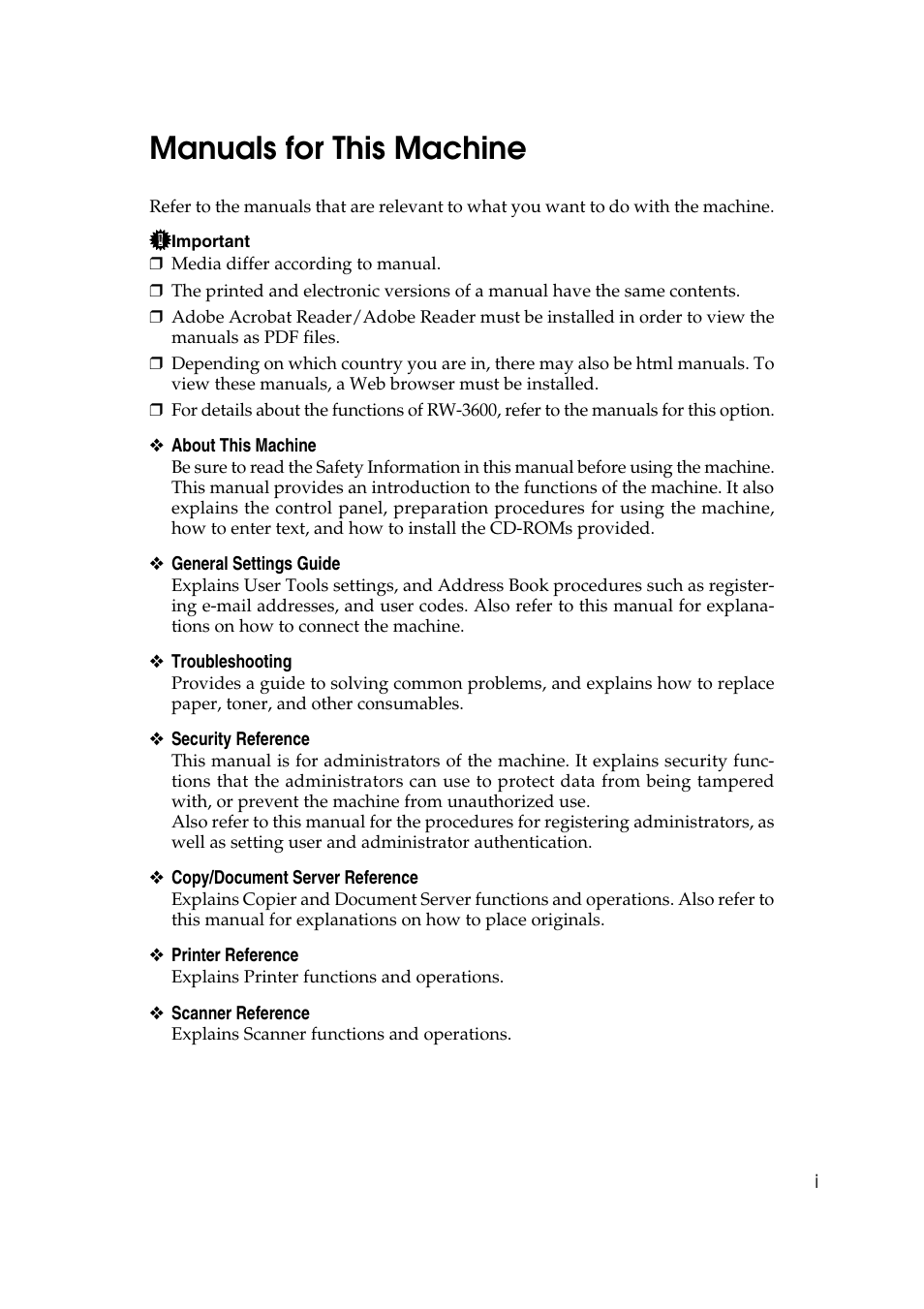 Manuals for this machine | Ricoh Aficio MP W2400 User Manual | Page 3 / 92