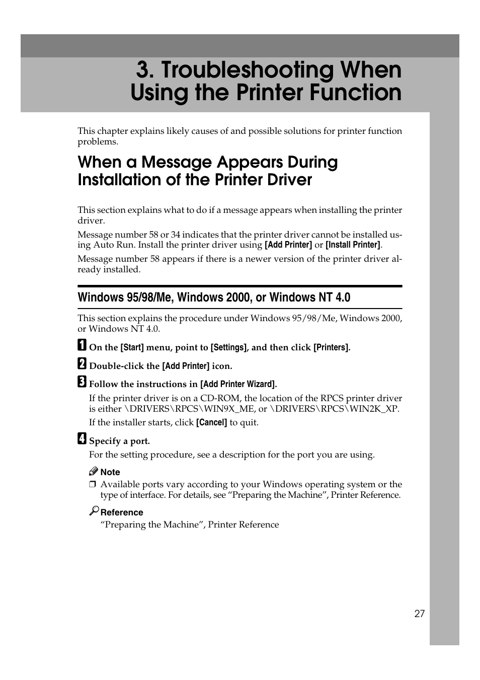  troubleshooting when using the printer function, Windows 95/98/me, windows 2000, or windows nt 4.0, Troubleshooting when using the printer function | Ricoh Aficio MP W2400 User Manual | Page 33 / 92
