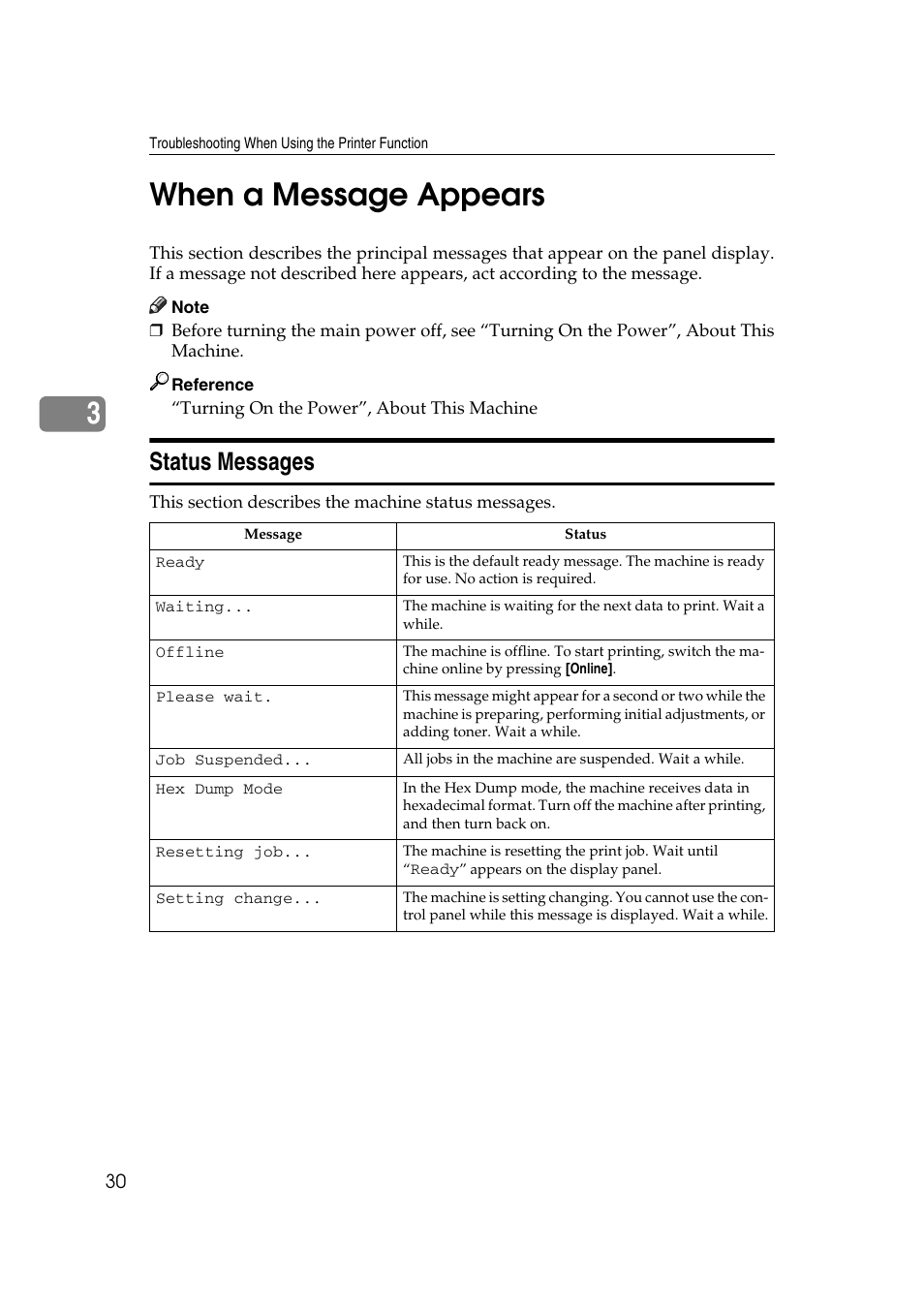 When a message appears, Status messages, 3when a message appears | Ricoh Aficio MP W2400 User Manual | Page 36 / 92
