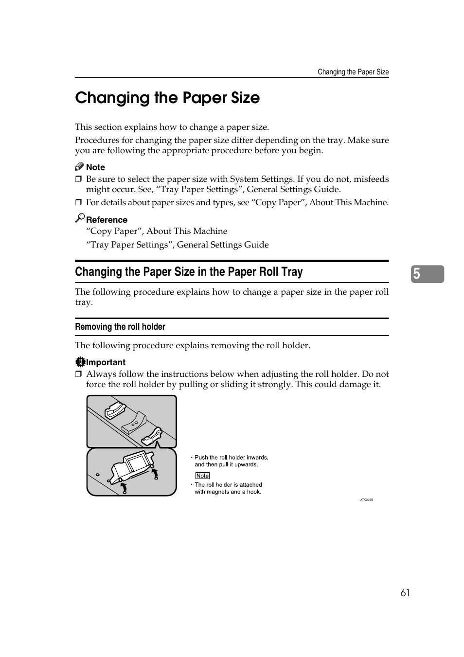 Changing the paper size, Changing the paper size in the paper roll tray, Removing the roll holder | P.61 “changing the paper size, 5changing the paper size | Ricoh Aficio MP W2400 User Manual | Page 67 / 92