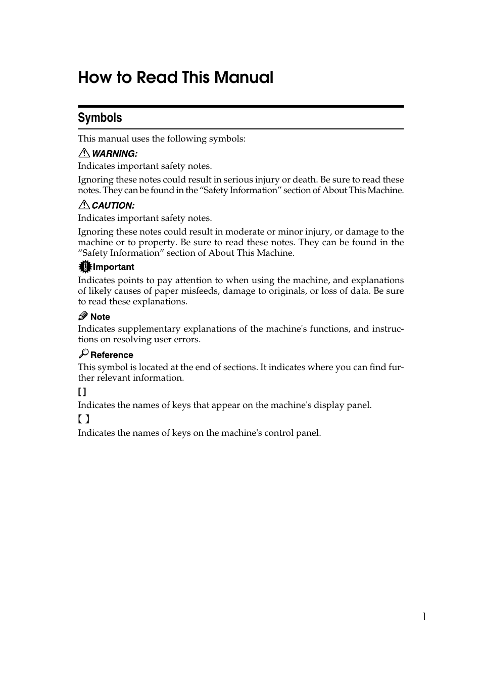 How to read this manual, Symbols | Ricoh Aficio MP W2400 User Manual | Page 7 / 92