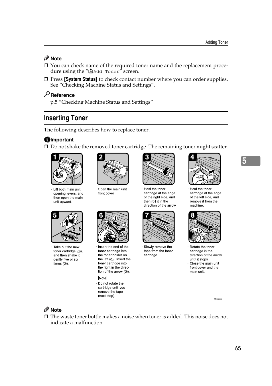 Inserting toner | Ricoh Aficio MP W2400 User Manual | Page 71 / 92