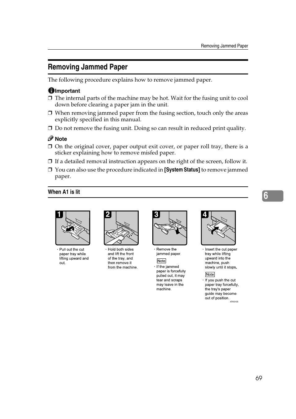 Removing jammed paper, When a1 is lit | Ricoh Aficio MP W2400 User Manual | Page 75 / 92
