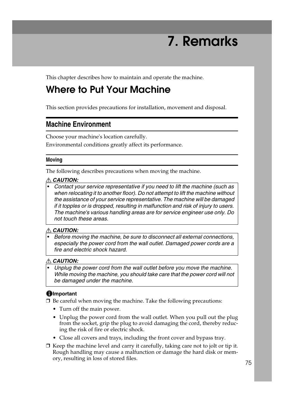  remarks, Where to put your machine, Machine environment | Moving, Remarks | Ricoh Aficio MP W2400 User Manual | Page 81 / 92