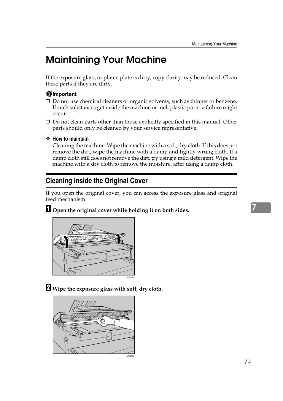Maintaining your machine, Cleaning inside the original cover, 7maintaining your machine | Ricoh Aficio MP W2400 User Manual | Page 85 / 92