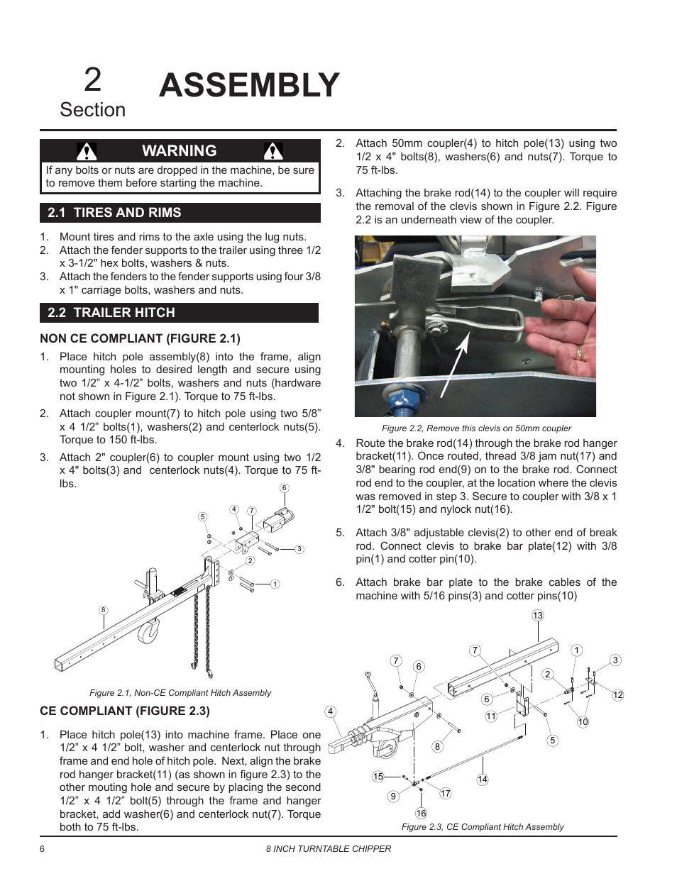 Assembly, 1 tires and rims, 2 trailer hitch | Non ce compliant (figure 2.1), Ce compliant (figure 2.3), 1 tires and rims 2.2 trailer hitch, Warning | Echo CH8720iH Owners Manual v.2 User Manual | Page 10 / 37