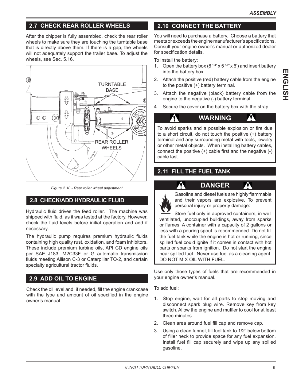 7 check rear roller wheels, 8 check/add hydraulic fluid, 9 add oil to engine | 10 connect the battery, 11 fill the fuel tank, English, Warning, Danger | Echo CH8720iH Owners Manual v.2 User Manual | Page 13 / 37