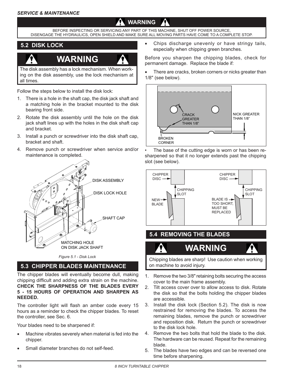 2 disk lock, 3 chipper blades maintenance, 4 removing the blades | Warning | Echo CH8720iH Owners Manual v.2 User Manual | Page 22 / 37