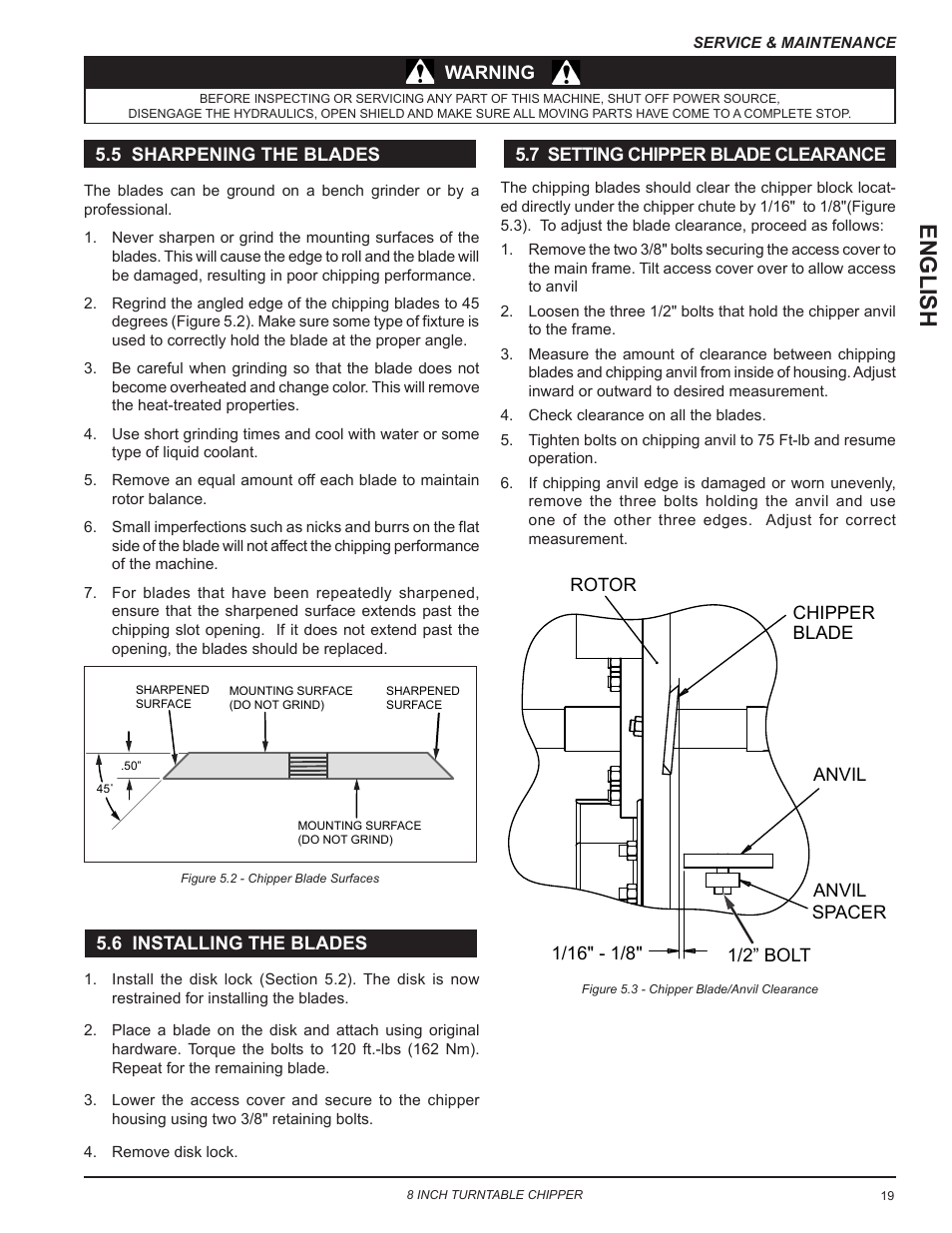 5 sharpening the blades, 6 installing the blades, 7 setting chipper blade clearance | English | Echo CH8720iH Owners Manual v.2 User Manual | Page 23 / 37