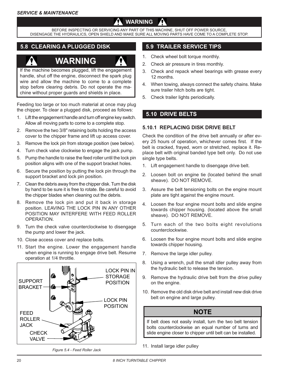 8 clearing a plugged disk, 9 trailer service tips, 10 drive belts | 1 replacing disk drive belt, Warning | Echo CH8720iH Owners Manual v.2 User Manual | Page 24 / 37