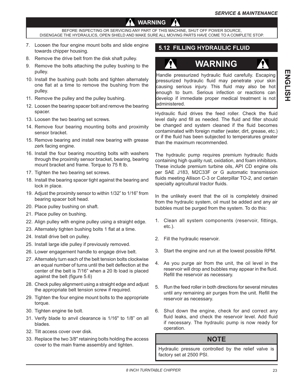 12 filling hydraulic fluid, Warning, English | Echo CH8720iH Owners Manual v.2 User Manual | Page 27 / 37