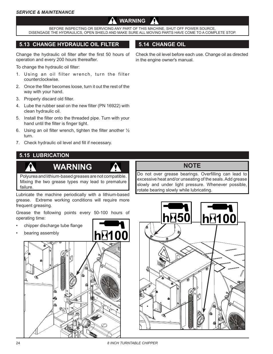 13 change hydraulic oil filter, 15 lubrication, 14 change oil | 50 h, Warning | Echo CH8720iH Owners Manual v.2 User Manual | Page 28 / 37