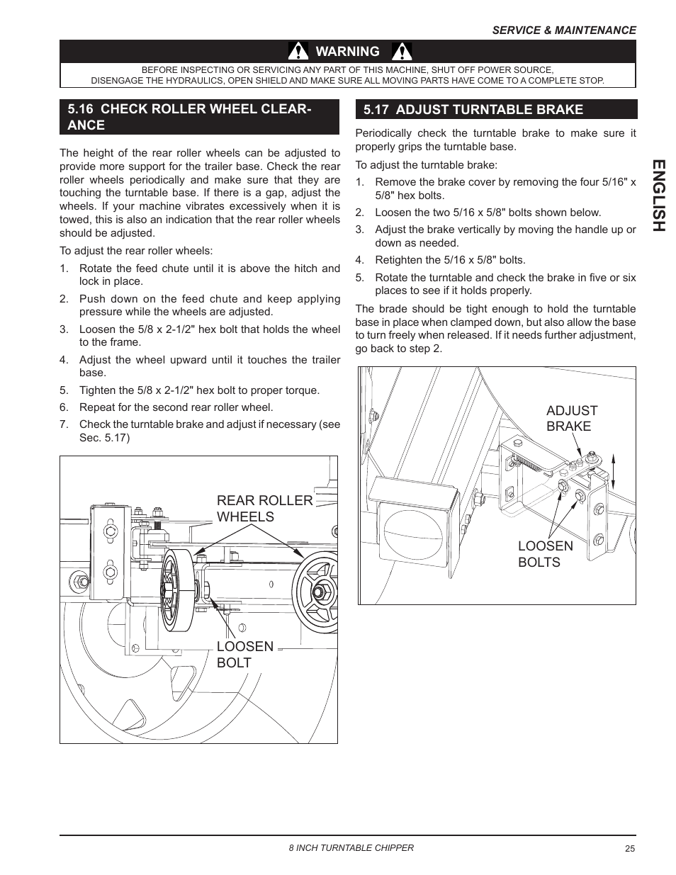 16 check roller wheel clearance, 17 adjust turntable brake, English | Echo CH8720iH Owners Manual v.2 User Manual | Page 29 / 37