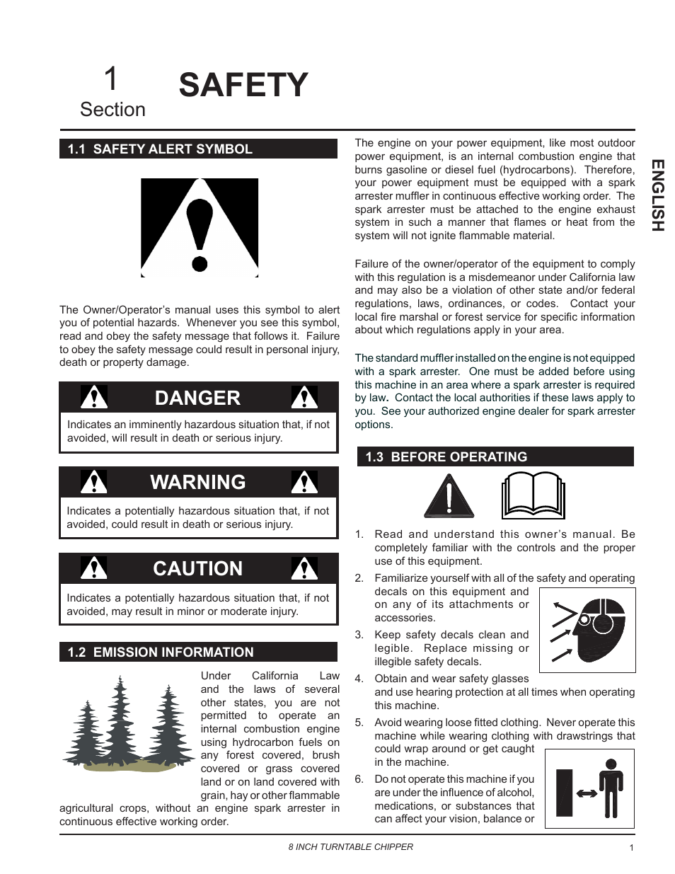 Safety, 1 safety alert symbol, 2 emission information | 3 before operating, Warning, Danger caution, English | Echo CH8720iH Owners Manual v.2 User Manual | Page 5 / 37