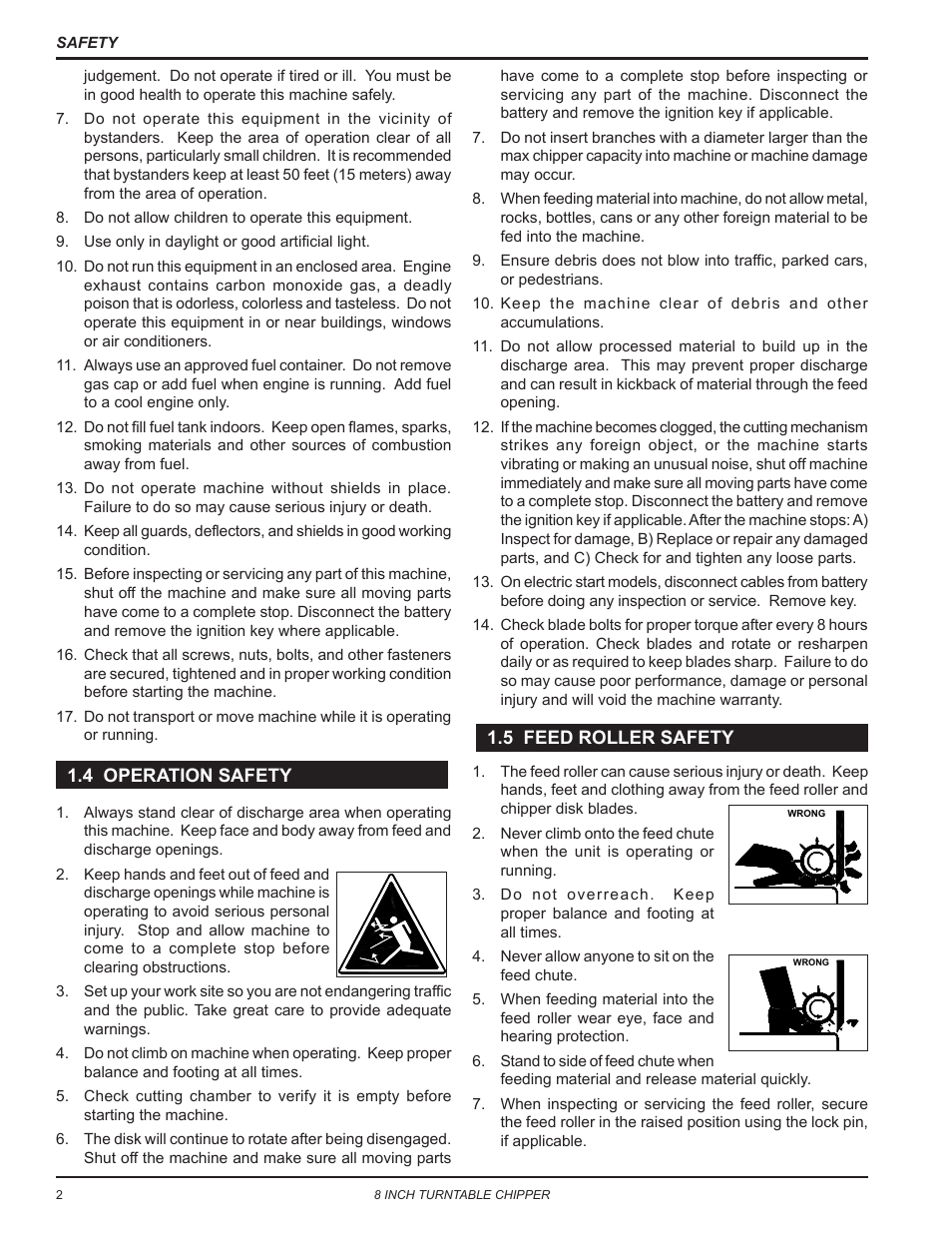 4 operation safety, 5 feed roller safety, 4 operation safety 1.5 feed roller safety | Echo CH8720iH Owners Manual v.2 User Manual | Page 6 / 37