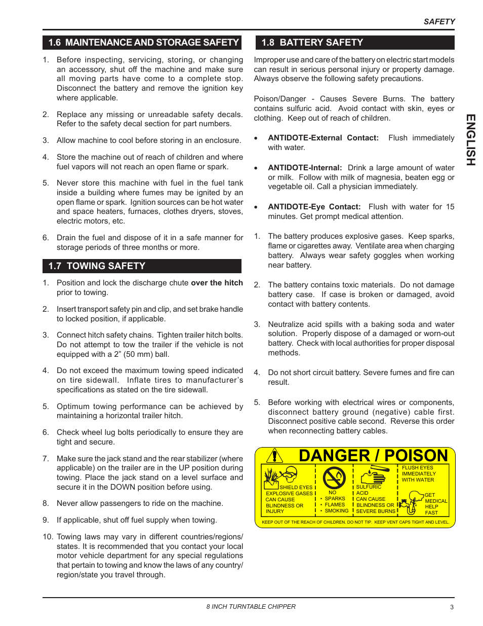 6 maintenance and storage safety, 7 towing safety, 8 battery safety | Danger / poison, English | Echo CH8720iH Owners Manual v.2 User Manual | Page 7 / 37