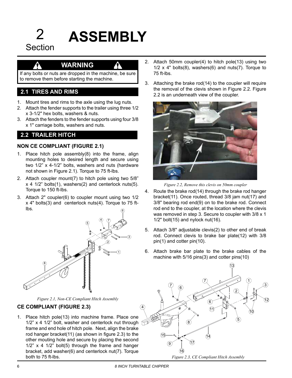 Assembly, 1 tires and rims, 2 trailer hitch | Non ce compliant (figure 2.1), Ce compliant (figure 2.3), 1 tires and rims 2.2 trailer hitch, Warning | Echo CH8720iH Owners Manual v.1 User Manual | Page 10 / 35