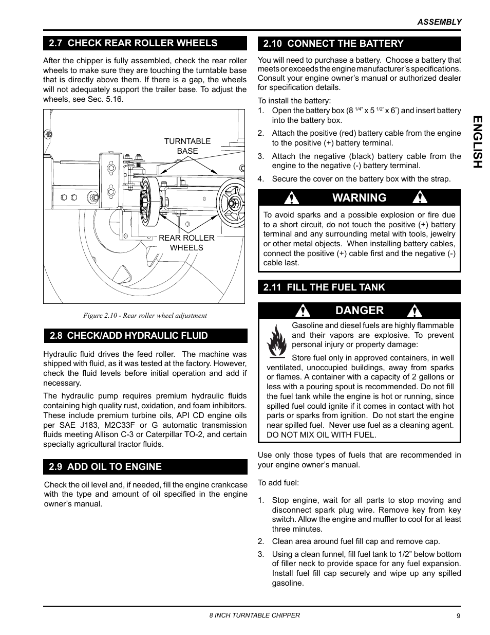 7 check rear roller wheels, 8 check/add hydraulic fluid, 9 add oil to engine | 10 connect the battery, 11 fill the fuel tank, English, Warning, Danger | Echo CH8720iH Owners Manual v.1 User Manual | Page 13 / 35