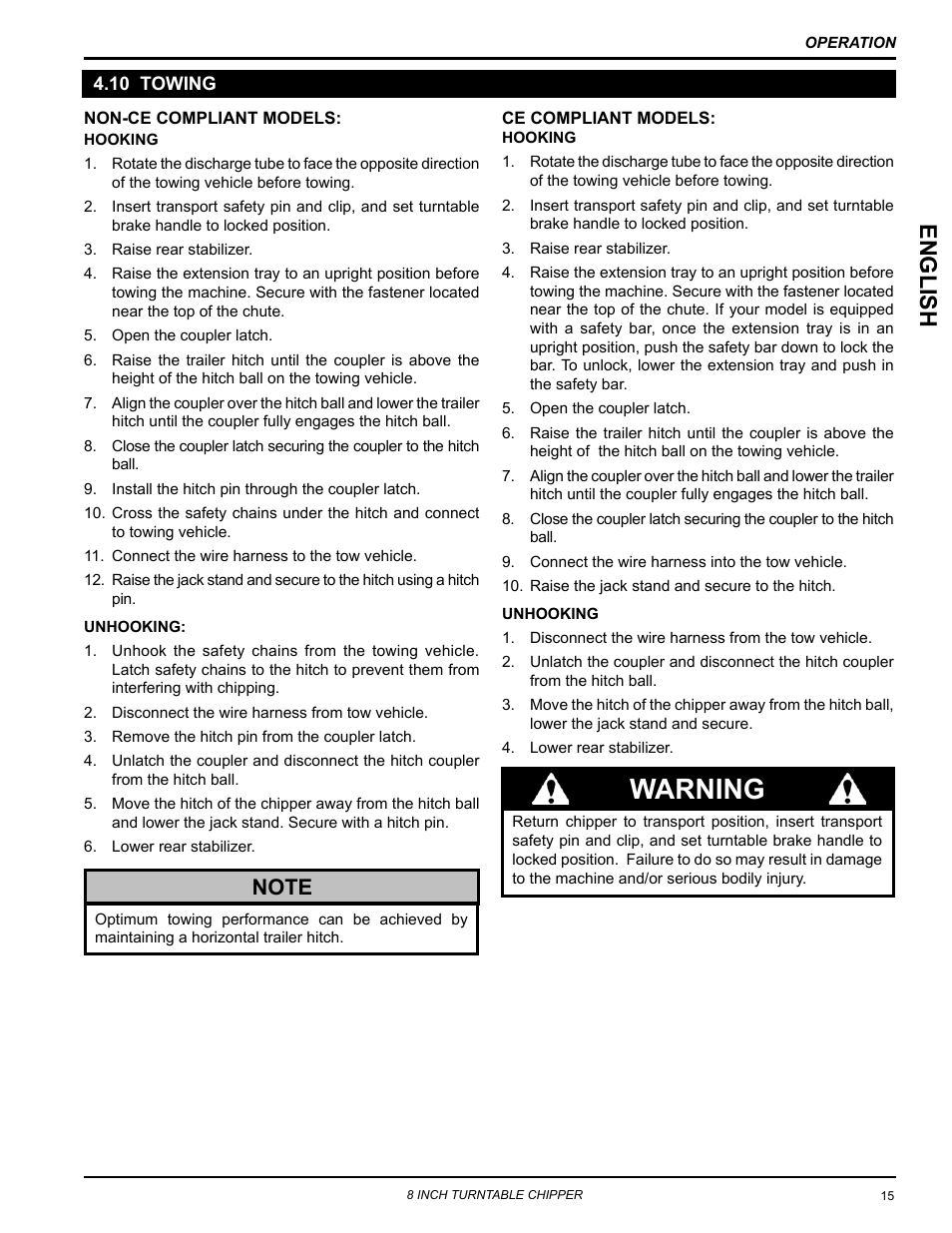 10 towing, Warning, English | Echo CH8720iH Owners Manual v.1 User Manual | Page 19 / 35