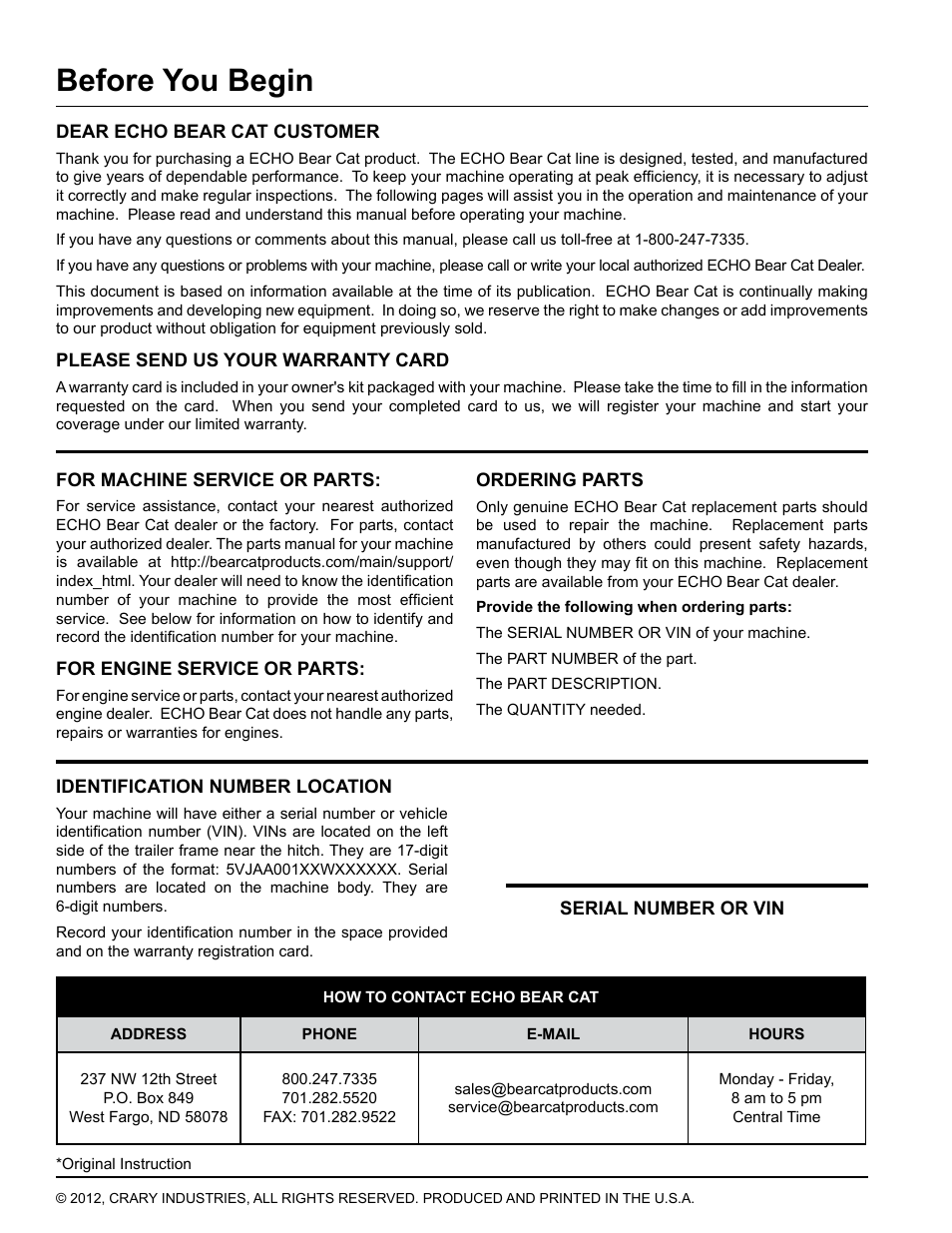 Before you begin | Echo CH8720iH Owners Manual v.1 User Manual | Page 2 / 35