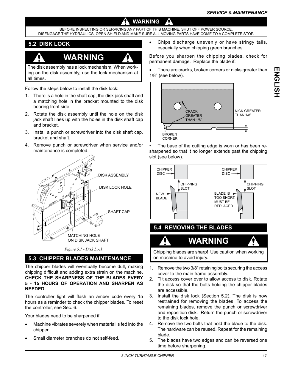 2 disk lock, 3 chipper blades maintenance, 4 removing the blades | English, Warning | Echo CH8720iH Owners Manual v.1 User Manual | Page 21 / 35