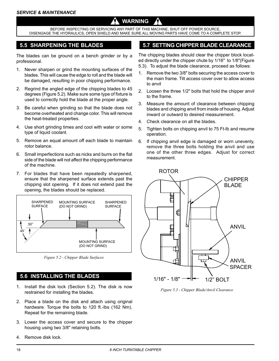 5 sharpening the blades, 6 installing the blades, 7 setting chipper blade clearance | Echo CH8720iH Owners Manual v.1 User Manual | Page 22 / 35