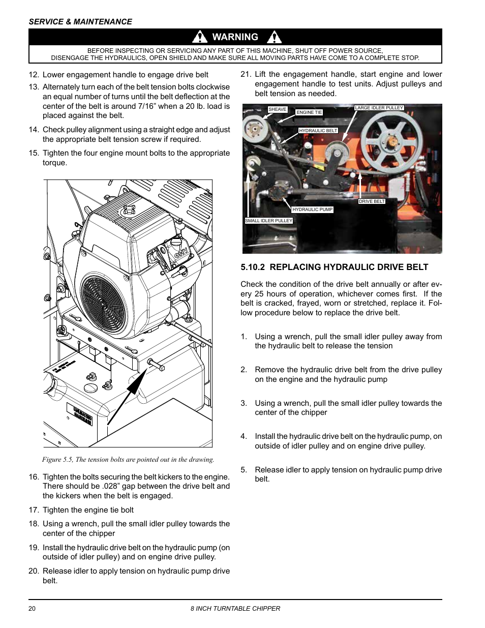 2 replacing hydraulic drive belt, Warning | Echo CH8720iH Owners Manual v.1 User Manual | Page 24 / 35