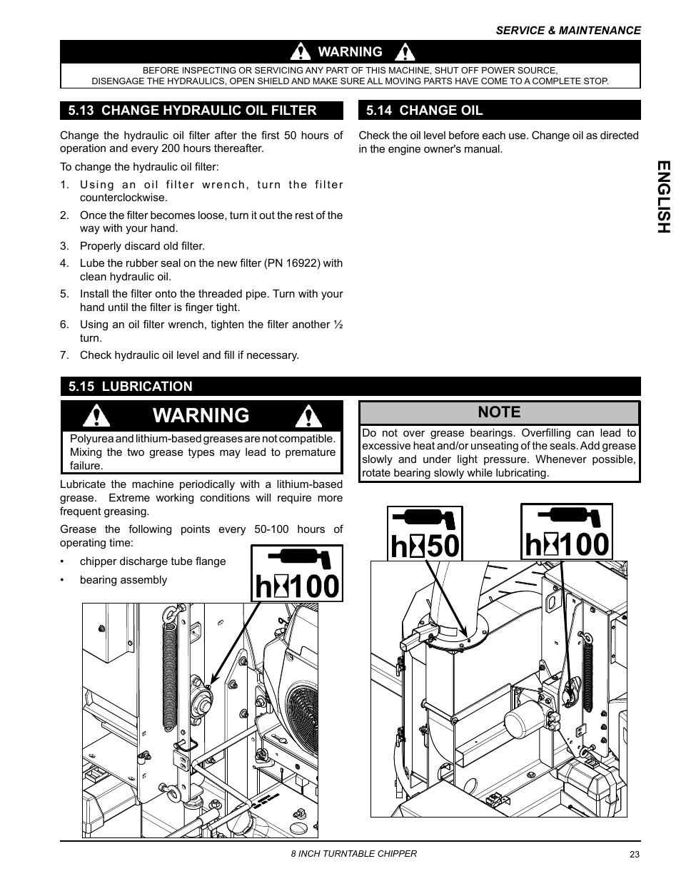 13 change hydraulic oil filter, 15 lubrication, 14 change oil | 50 h, Warning, English | Echo CH8720iH Owners Manual v.1 User Manual | Page 27 / 35