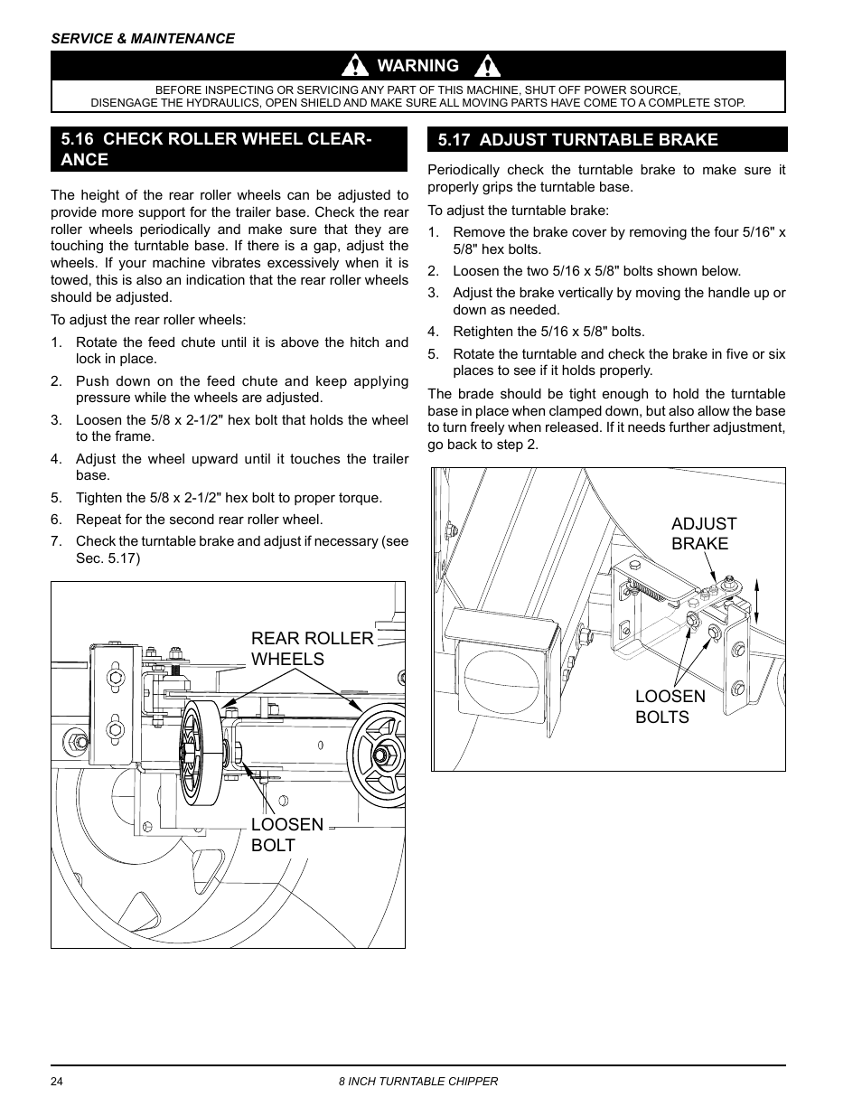 16 check roller wheel clearance, 17 adjust turntable brake | Echo CH8720iH Owners Manual v.1 User Manual | Page 28 / 35