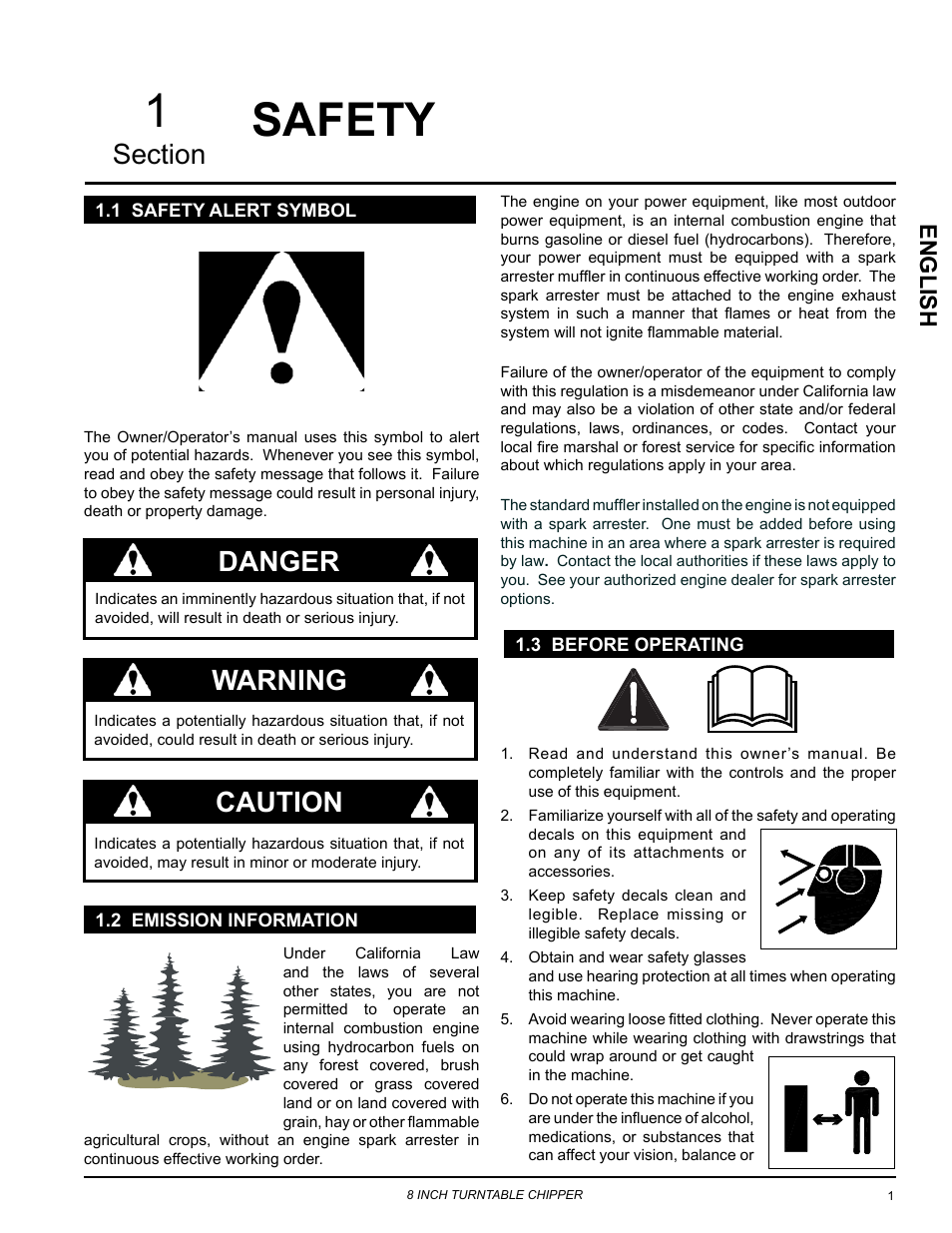 Safety, 1 safety alert symbol, 2 emission information | 3 before operating, Warning, Danger caution, English | Echo CH8720iH Owners Manual v.1 User Manual | Page 5 / 35