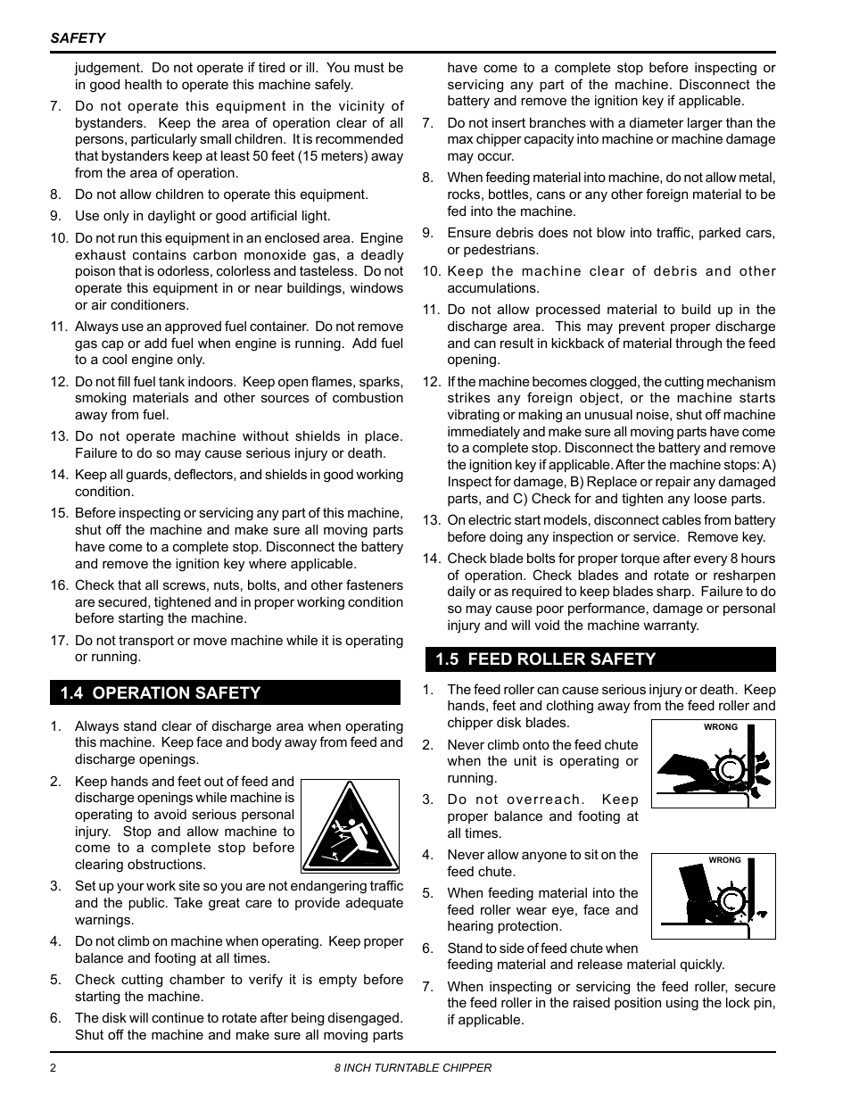 4 operation safety, 5 feed roller safety, 4 operation safety 1.5 feed roller safety | Echo CH8720iH Owners Manual v.1 User Manual | Page 6 / 35